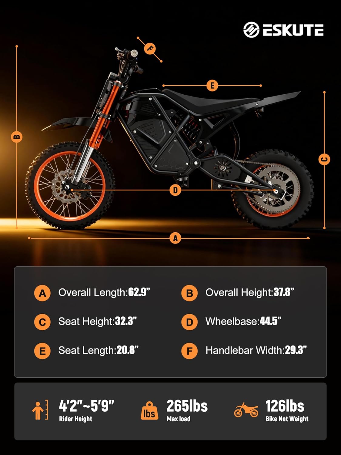 ESKUTE Electric Dirt Bike for Teens Adults, Mid-Drive Motor 3500W Peak, Electric Motorcycle 48V23Ah Battery, Hydraulic Brake，53Mile,38mph, Hydraulic Nitrogen Shock Absorbers, Orange-Black with Helmet