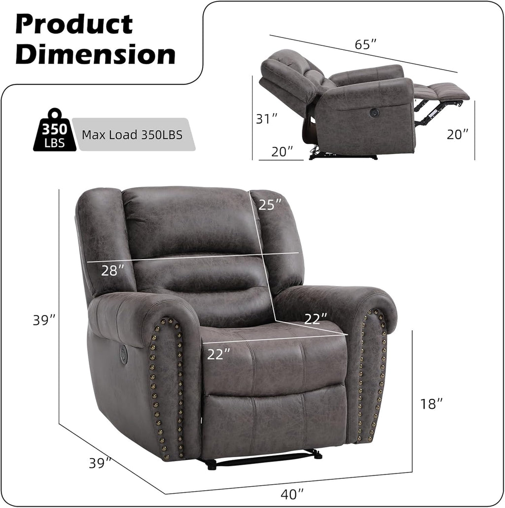 Bonzy Home Power Recliner Chair, Soft Faux Leather Recliner Chair with Thickened Padding and USB&Type-C Charging Ports, Classic Heavy Duty Single Reclining Sofa for Living Room, Dark Gray