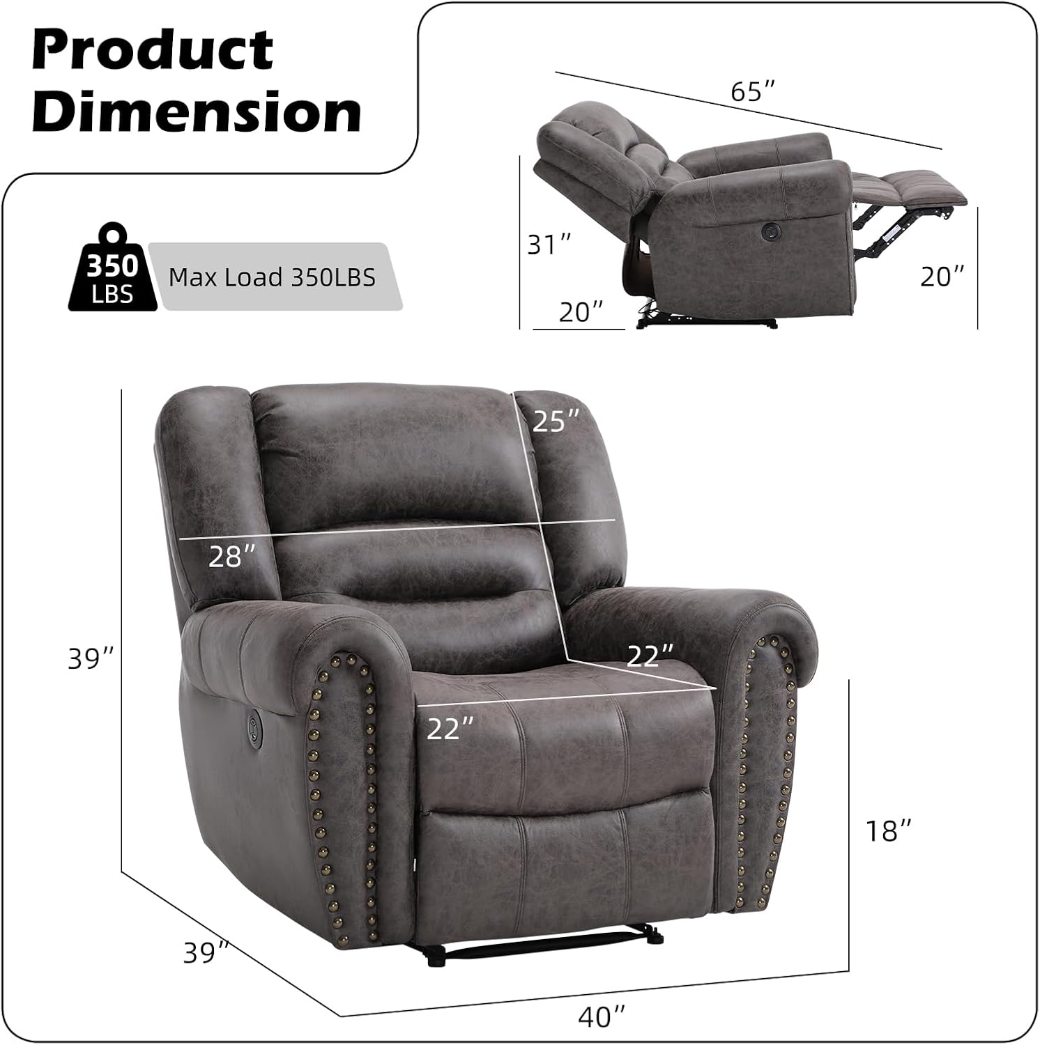 Bonzy Home Power Recliner Chair, Soft Faux Leather Recliner Chair with Thickened Padding and USB&Type-C Charging Ports, Classic Heavy Duty Single Reclining Sofa for Living Room, Dark Gray