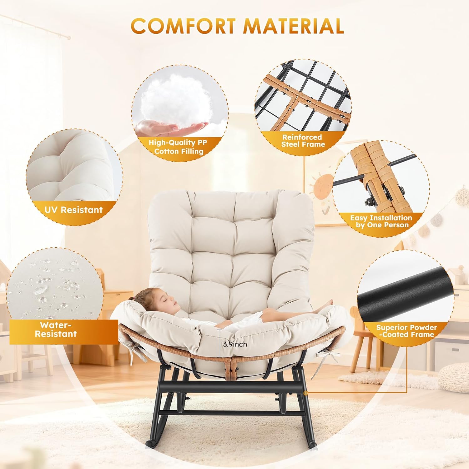 Takywep Rattan Rocking Chair with Detachable Polyester Cushion and Extendable Footrest – Papasan Chair with Cozy Seating for Porch, Lawn, Bedroom & Living Room, Beige