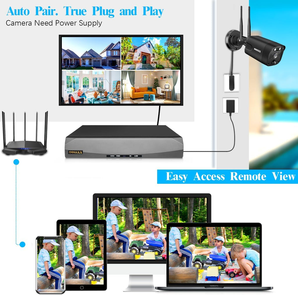 OOSSXX (2026 New) 5MP Wireless Security Camera System, 10CH WiFi NVR with 8 Outdoor Cameras & 3TB HDD, Dual Antennas 55% Longer Range, 2.4/5.8GHz, 130° Wide Angle, 2-Way Audio, No Fee App
