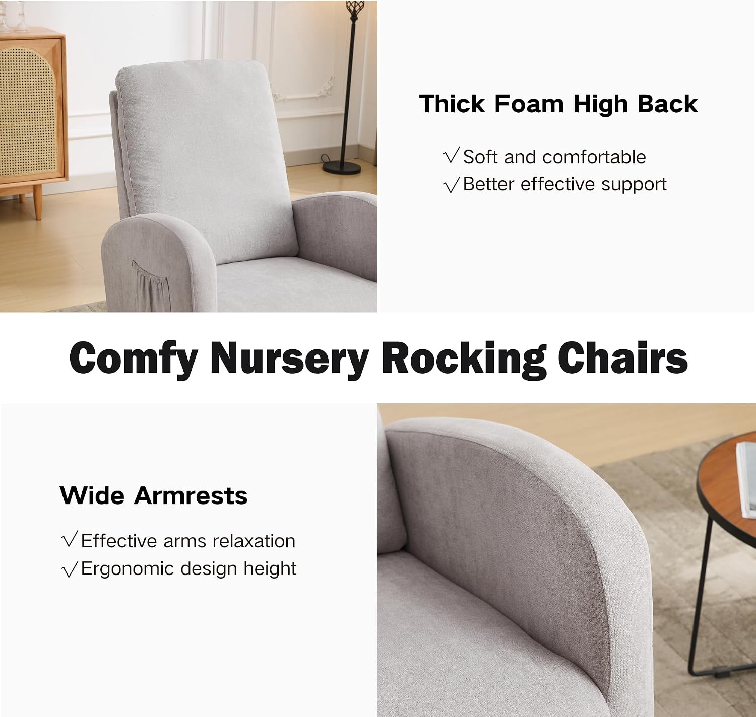 Chifee & Vingol Rocking Chair Nursery Nursing Glider Rocker Chair, Linen Fabric, Light Grey