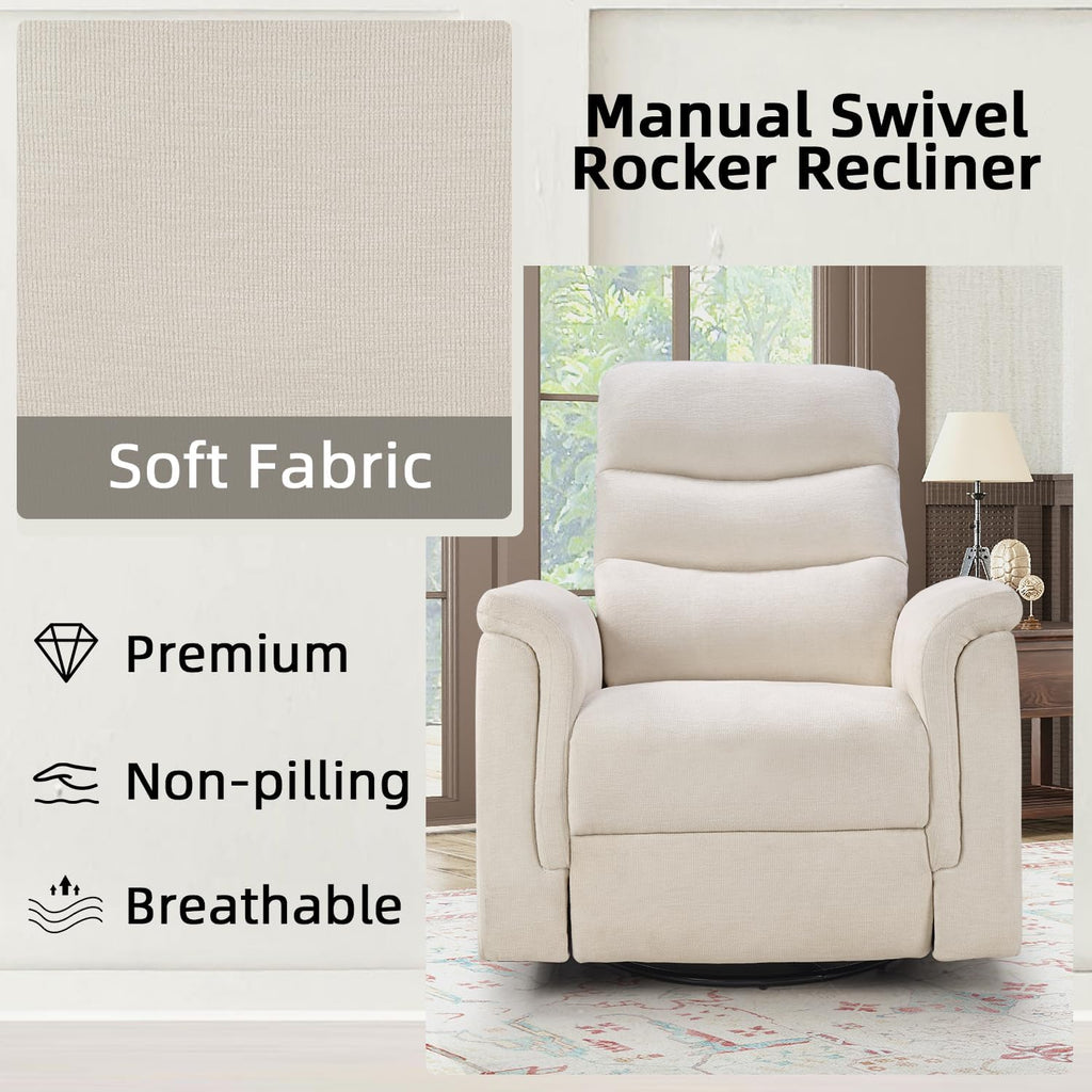 INZOY Swivel Rocker Recliner, Nursery Glider Chair, Manual Chairs Swivel Glider Recliners with Soft Backrest, Fabric Manual Reclining Sofa for Living Room Bedroom Apartment, Beige
