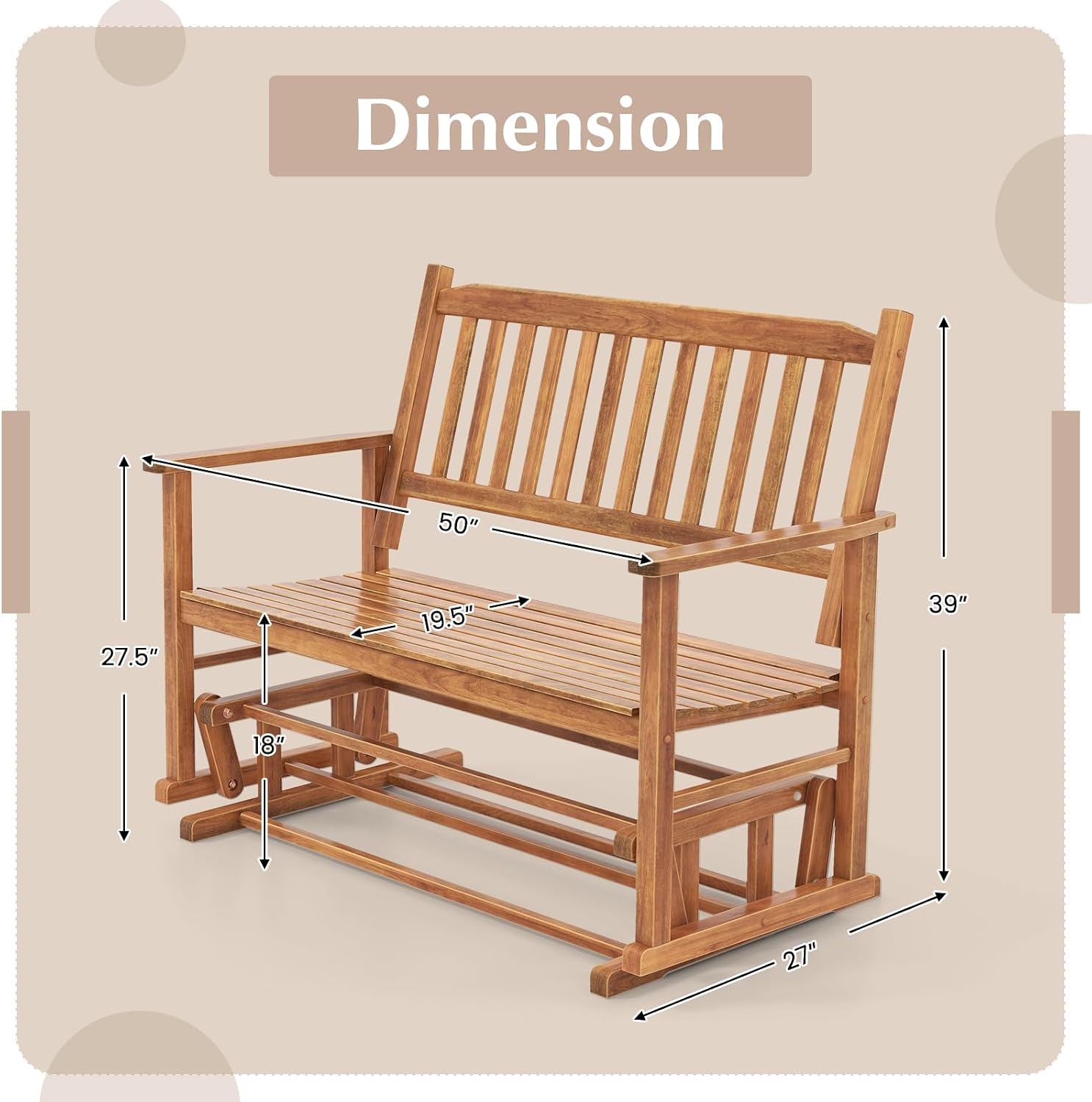 Giantex Outdoor Glider, Patio Glider Bench with Safe Gliding, Slatted Seat & Backrest, 2-Person Loveseat, Glider Rocking Chair, Outside Swing Chair for Garden Yard Lawn Porch Patio Rocker, Natural