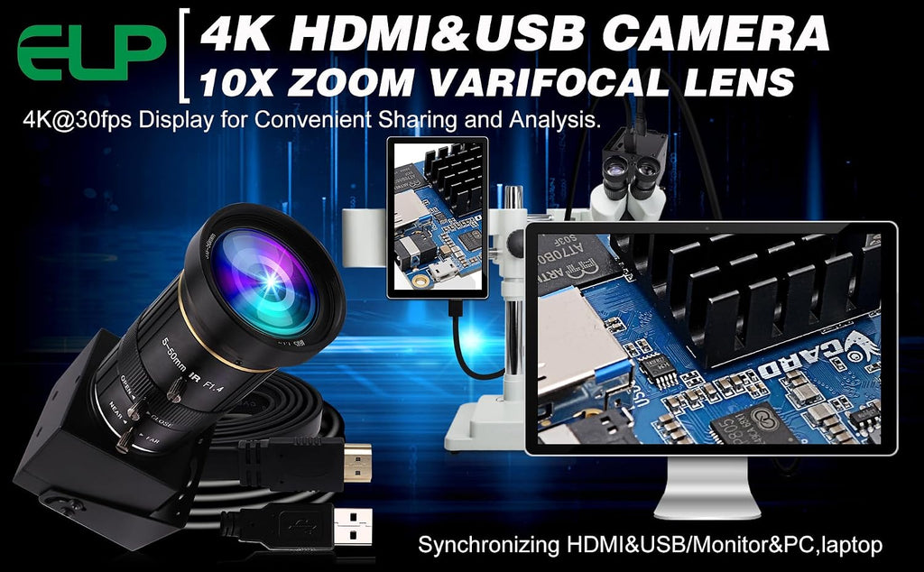 ELP 4K USB HDMI USB Camera Manual Zoom Webcam Variable Focus PC Camera Mini Close-up Camera for Computer H.264 Telescope USB Security Camera 8mp IMX415 Industrial CCTV Camera (5-50mm 10X Zoom Lens)