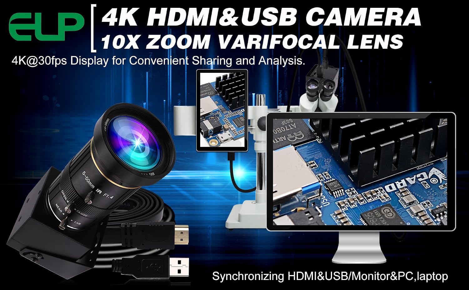 ELP 4K USB HDMI USB Camera Manual Zoom Webcam Variable Focus PC Camera Mini Close-up Camera for Computer H.264 Telescope USB Security Camera 8mp IMX415 Industrial CCTV Camera (5-50mm 10X Zoom Lens)