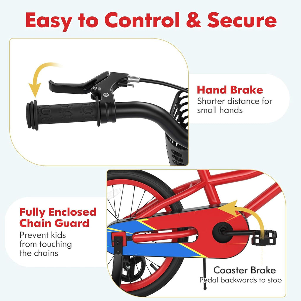 COSTWAY Kids Bike, 12 14 16 18 20 Inch Toddler Bike for Boys & Girls Aged 3-8 Years Old, Kids Bicycle w/Removable Training Wheels, Handbrake & Coaster Brake, Basket, Bell
