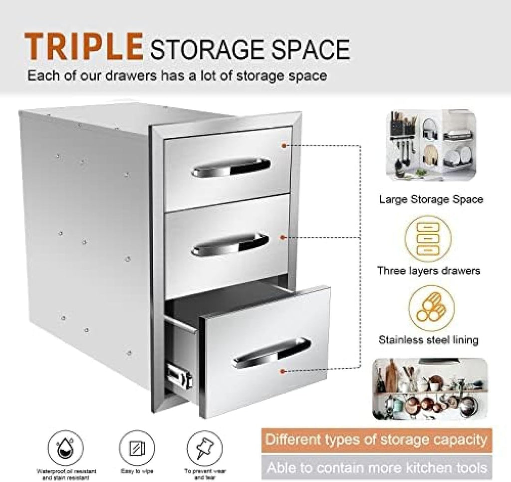 Outdoor Kitchen Drawer BBQ Drawer Outdoor Kitchen Access Drawers Horizontal- Stainless Steel Double Drawers for Outdoor Kitchen Grilling Station Or BBQ Island,14Wx21Dx21H