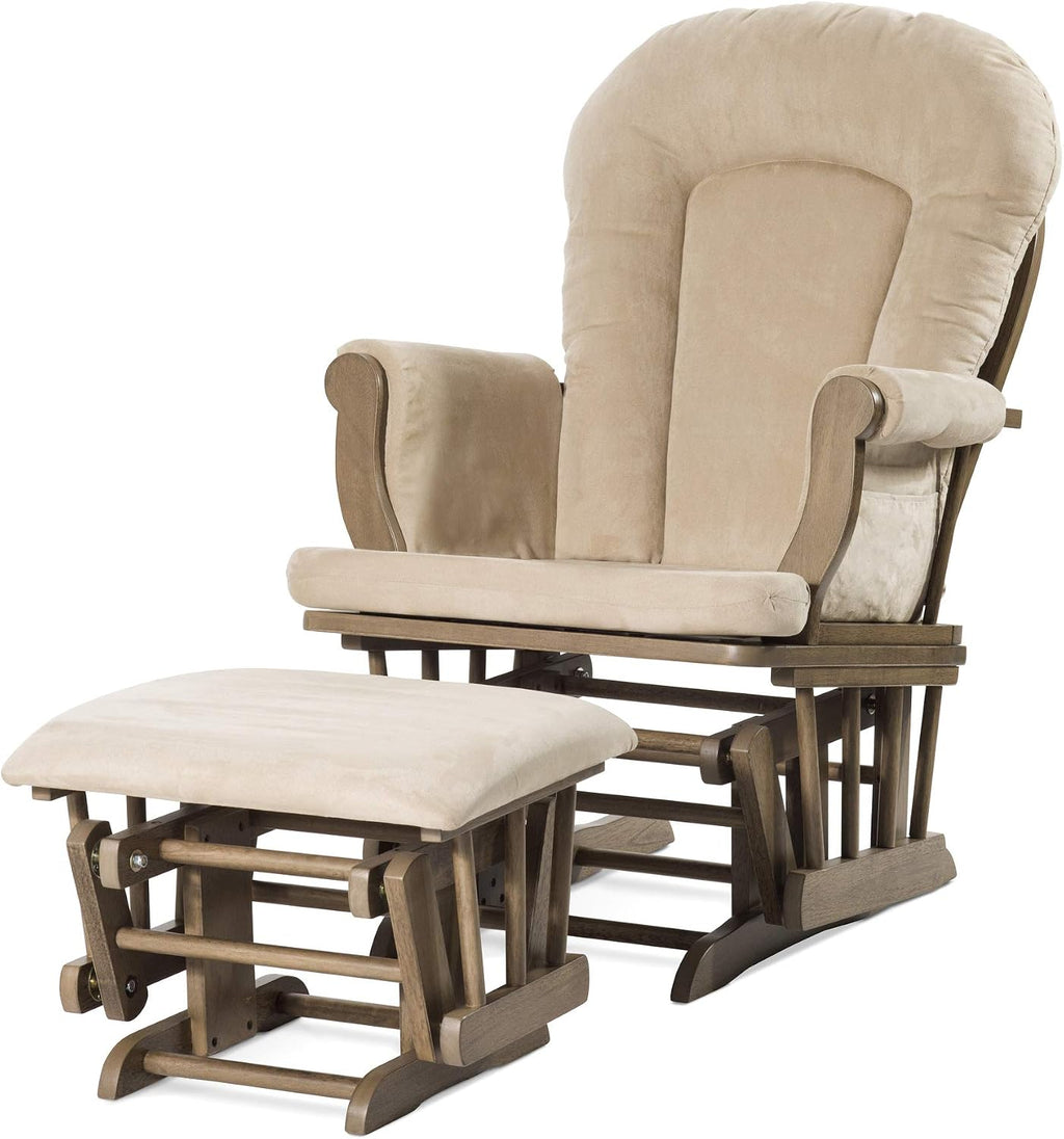 Child Craft Cozy Glider Rocker and Ottoman Set, Smooth Quiet Gliding Motion, Padded Cushion with Convenient Storage Pockets, Solid Wood Base & Frame (Dusty Heather with Beige Cushion)