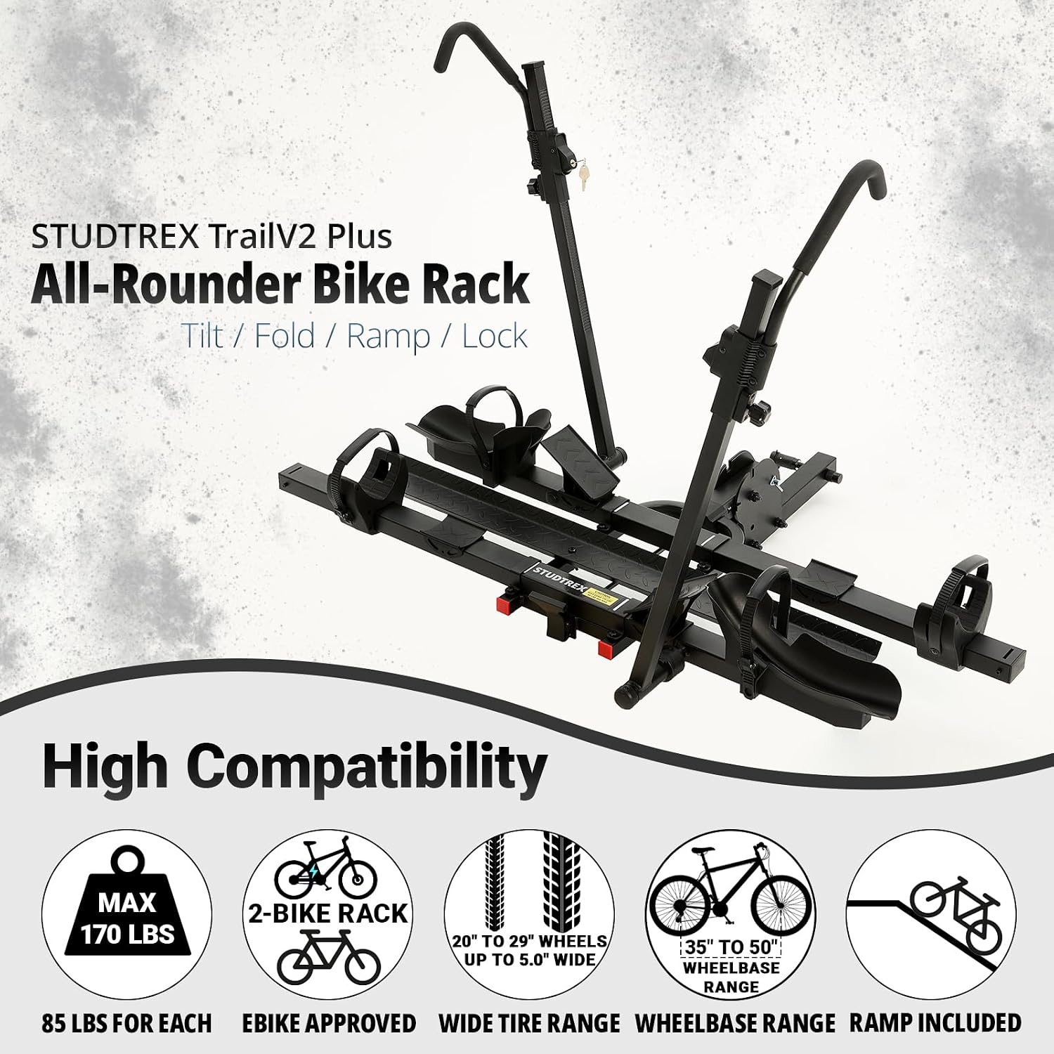 TrailV2 Plus Hitch 2 Ebike Rack with Ramp, Tilt, Fold, Anti-Theft Hitch & Wheel Locks, Heavy Duty 170 lbs Capacity, Fits 2' Receiver, Max 5' Fat Tires, Electric Bike Rack for Car, SUV, Truck, RV