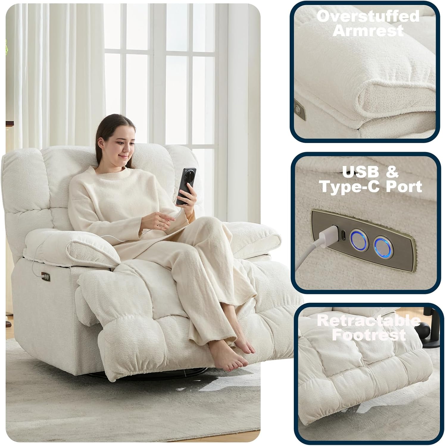 GINGO Power Oversized Recliner Chair, Extra Wide Swivel Rocking Recliner Chair, Breathable Soft Fabric Modern Single Sofa for Living Room, 90°-140° Electric Adjustable Angle, USB & Type-C Port, White