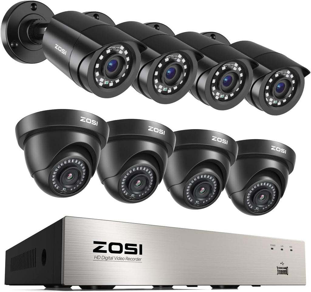 ZOSI 8CH 3K Lite Security Camera System with AI Human Vehicle Detection, 8 x 1920TVL Weatherproof Home Outdoor Cameras, 80ft Night Vision, Remote Access, H.265+ 8 Channel Video DVR, NO Hard Drive