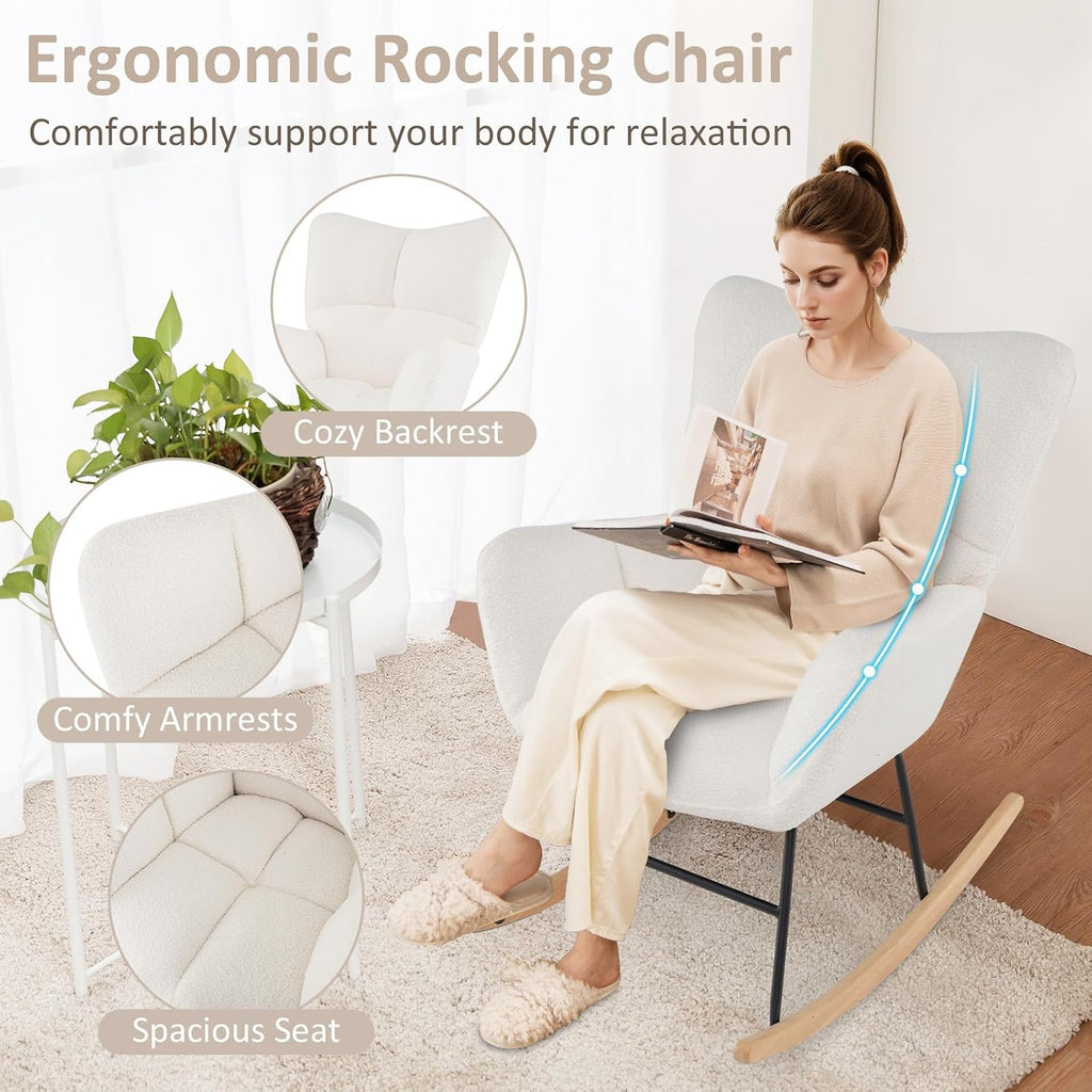 Giantex Rocking Chair Nursery, Teddy Upholstered Glider Rocker Chair w/High Backrest, Armrests & Rubber Wood Feet, Modern Sherpa Rocking Accent Chair for Living Room, Bedroom & Office, Beige