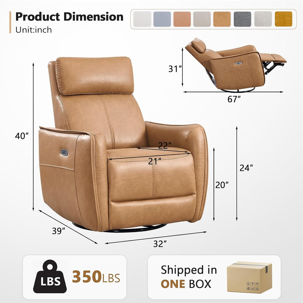 ANJ Power Recliner Chair with USB Port, 150° Reclining Swivel Glider, Faux Leather, Cognac Brown, 350 lbs Capacity