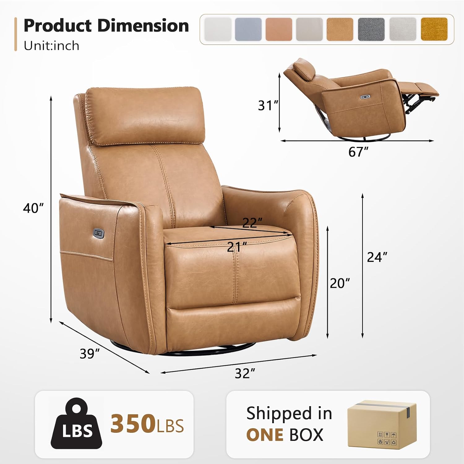 ANJ Power Recliner Chair with USB Port, 150° Reclining Swivel Glider, Faux Leather, Cognac Brown, 350 lbs Capacity