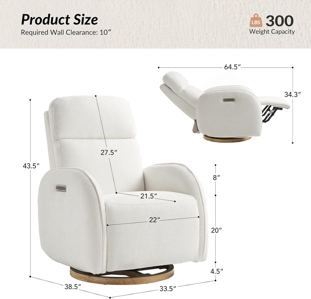 HULALA HOME Glider Recliner Nursery Chair with Adjustable Headrest and Lumbar Support, Modern Power Recliner with USB Port and Nightlight, Swivel Rocker Glider for Nursing Room Bedroom, White