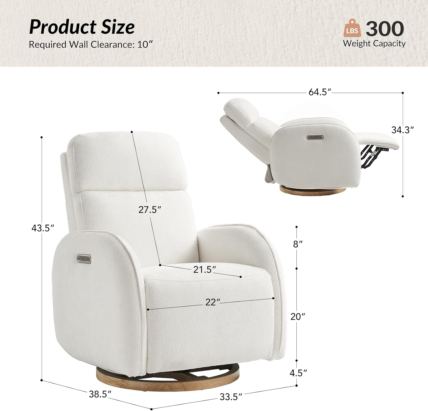 HULALA HOME Glider Recliner Nursery Chair with Adjustable Headrest and Lumbar Support, Modern Power Recliner with USB Port and Nightlight, Swivel Rocker Glider for Nursing Room Bedroom, White