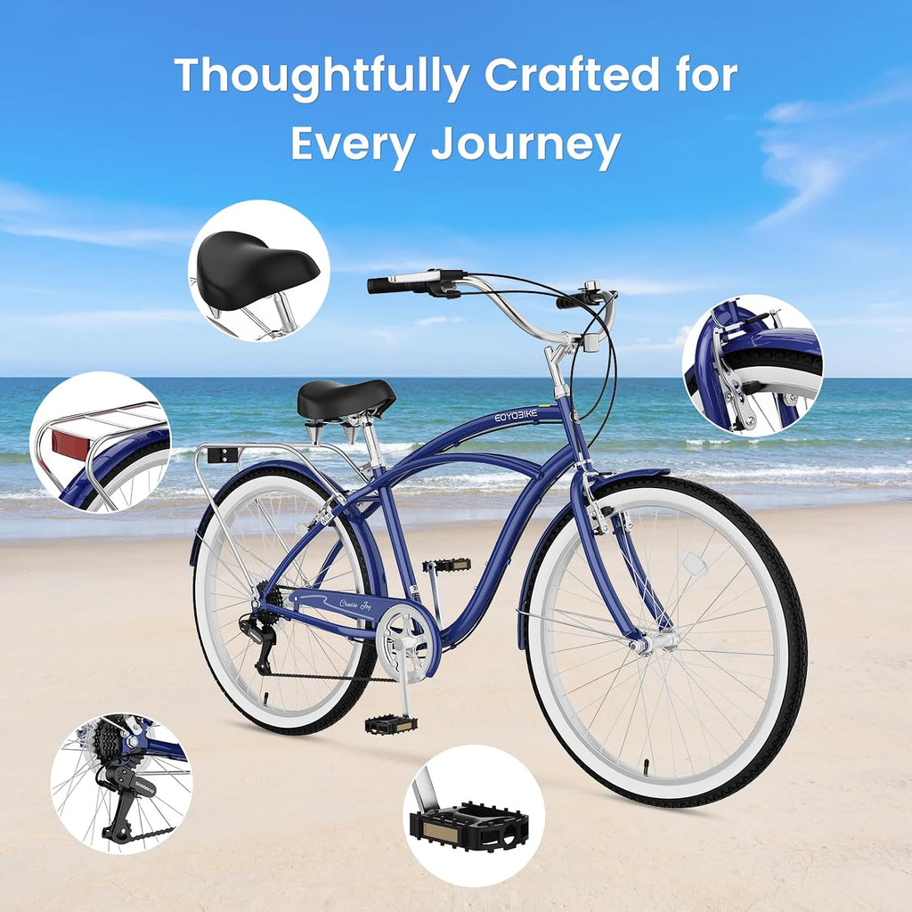 Cruiser Bike for Adults, 7-Speed Beach Cruiser Bicycle, 24/26 Inch Step-Through or High-Bar Frame, Comfort City Commuter Bike with Rear Rack, Fenders, Wide Saddle for Women & Men