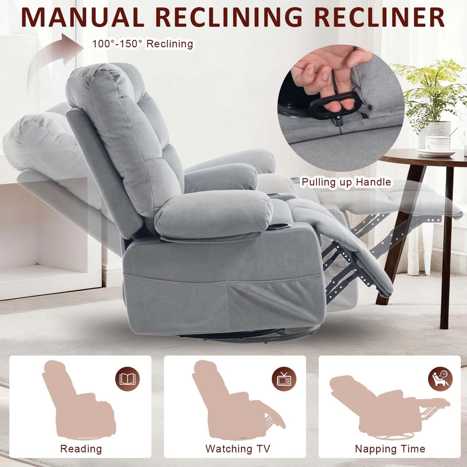 KCQ Swivel Rocker Recliner Chair with Massage and Heat, Fabric Heated Reclining Chairs Manual Recliner with Cup Holder for Adults, Nursery Rocking Glider Chair, Grey