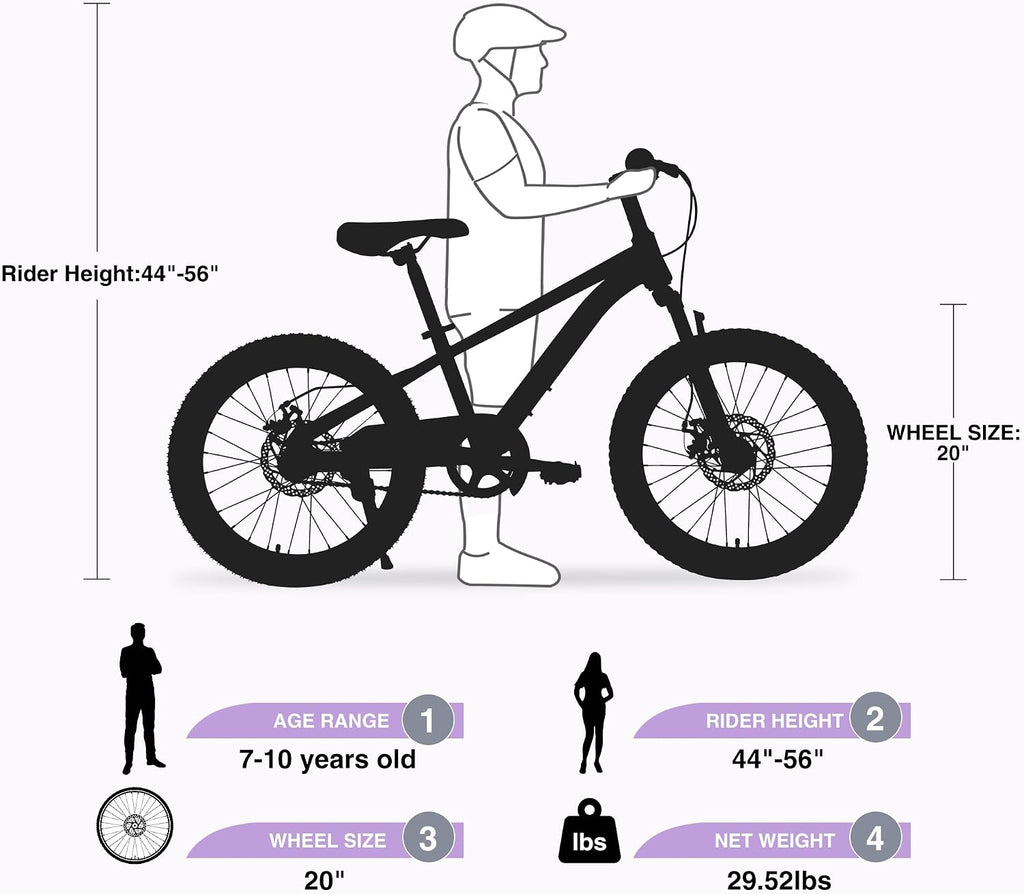 Kids Mountain Bike, 20 24 Inch Kids Bike for Boys Girls Age 7-12 Years, High Carbon Steel Bicycle, Suspension Fork, Dual Disc Brakes, Single Speed, Multiple Colors
