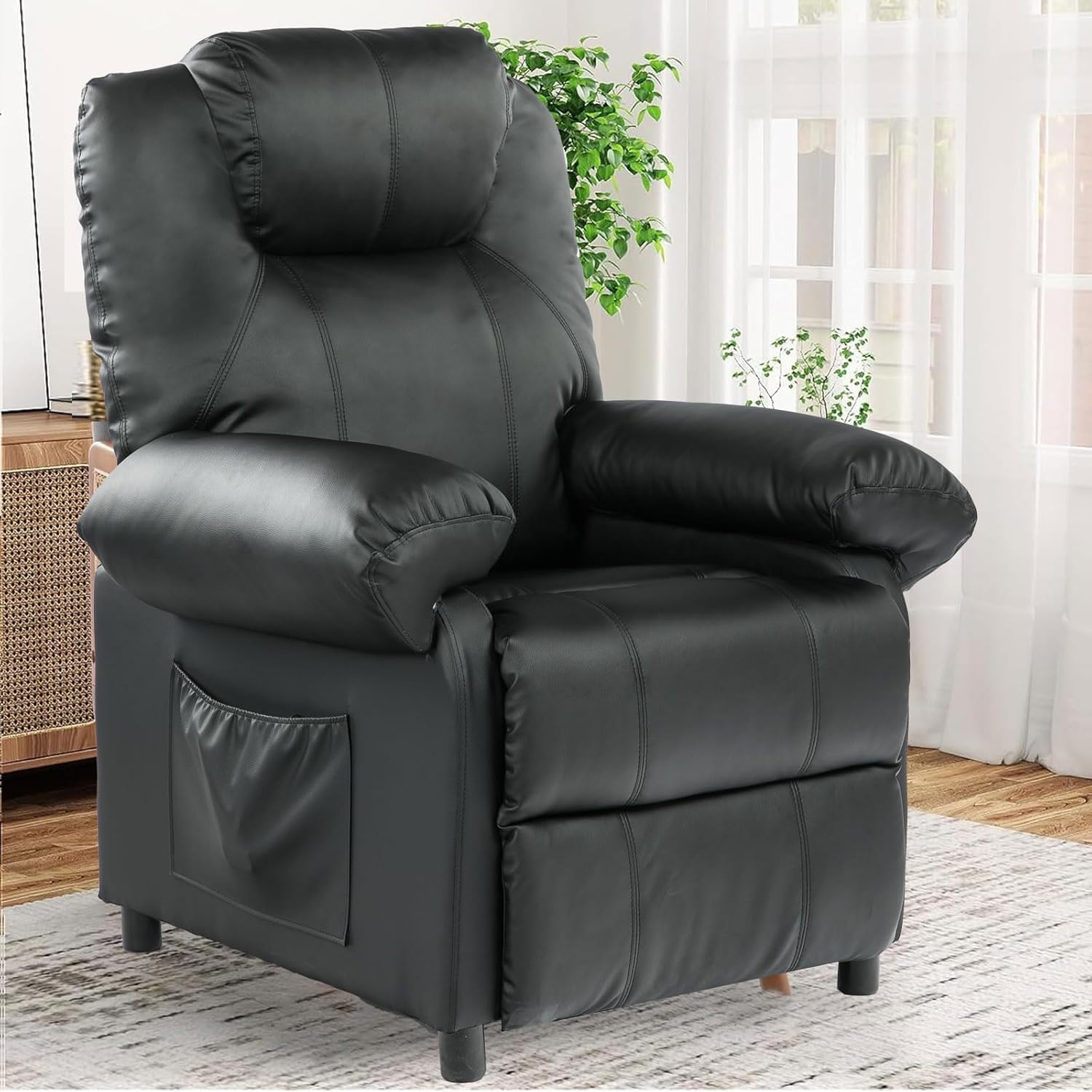 Faux Leather Recliner Chair with Massage and Heat, Mid Century Overstuffed Manual Reclining Chair, Massaging Push Back Recliner Chair Single Sofa for Living Room, Black