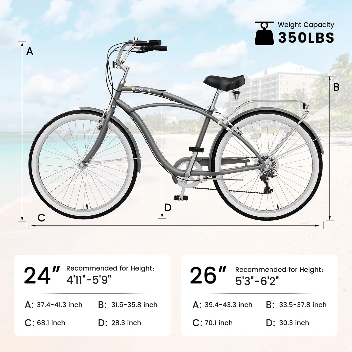 Cruiser Bike for Adults, 7-Speed Beach Cruiser Bicycle, 24/26 Inch Step-Through or High-Bar Frame, Comfort City Commuter Bike with Rear Rack, Fenders, Wide Saddle for Women & Men