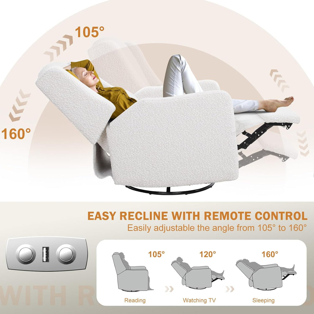Power Recliner Chair Swivel Glider, Large Rocker Recliner w/USB Charging Port, Boucle Upholstered Swivel Rocker Glider Recliner for Nursery,Bedroom,Living Room, 1PC, Cream
