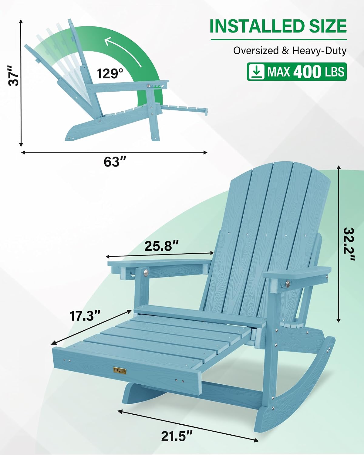YEFU Adirondack Chairs with Retractable Ottoman: Oversize Adirondack Rocking Chairs - 5-Level Adjustable High Back - Outdoor Rocker with Cup Holder for Porch/Gardens/Lawn/Patio/Backyard/Blue