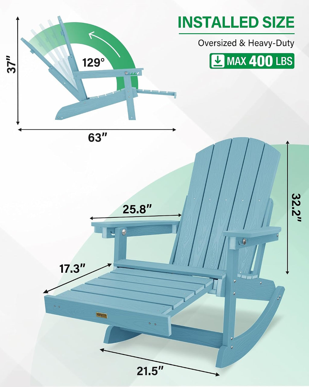 YEFU Adirondack Rocking Chairs Set of 2 : Oversize Adirondack Chair with Retractable Ottoman- 5-Level Adjustable High Back - Outdoor Rocker with Cup Holder for Porch/Garden/Lawn/Patio/Backyard/Blue