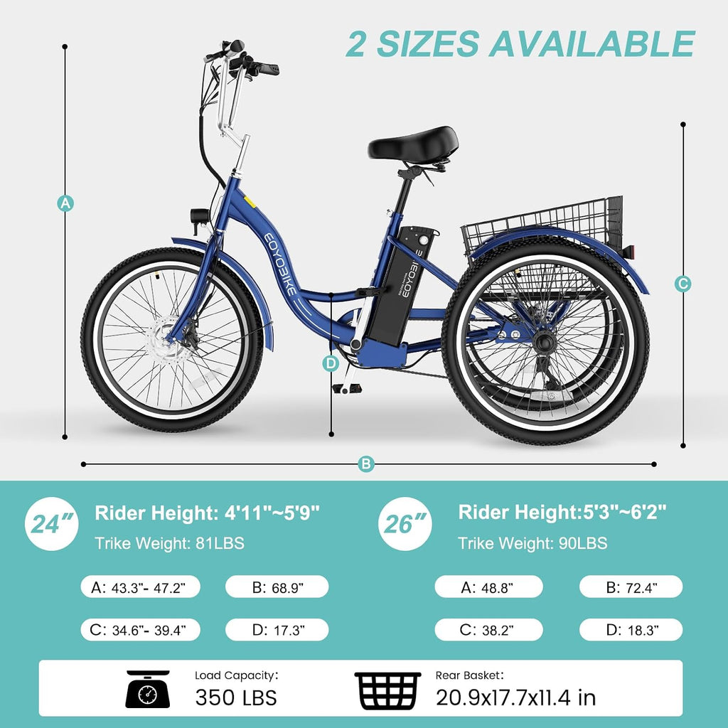 Electric Tricycle for Adults Seniors, 24/26 Inch 3 Wheel E-Trike, 350W Motor (700W Peak), Removable 36V Battery, Up to 15.5MPH, 25-60Mile Range, Low Step-Through, Rear Basket, 350lbs Capacity, 7 Speed