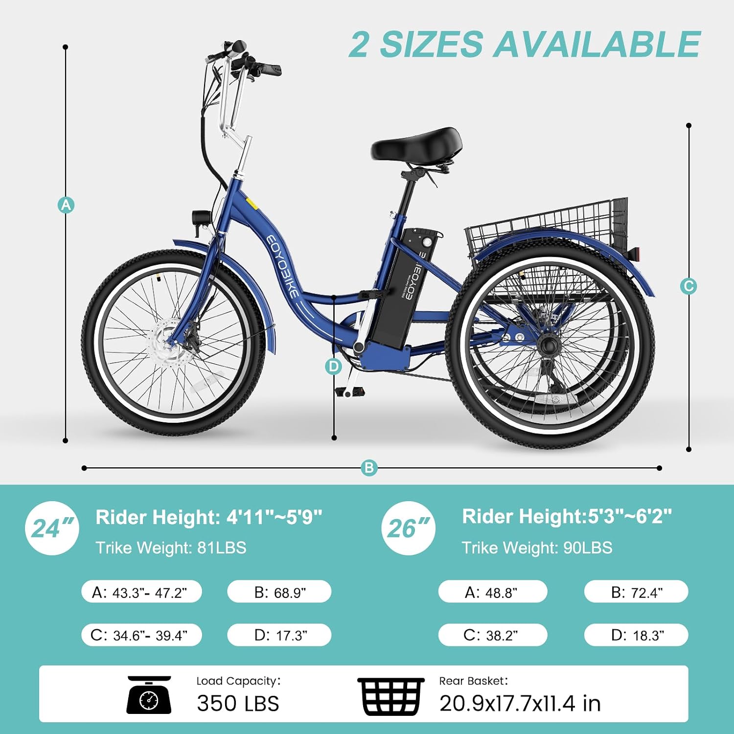 Electric Tricycle for Adults Seniors, 24/26 Inch 3 Wheel E-Trike, 350W Motor (700W Peak), Removable 36V Battery, Up to 15.5MPH, 25-60Mile Range, Low Step-Through, Rear Basket, 350lbs Capacity, 7 Speed