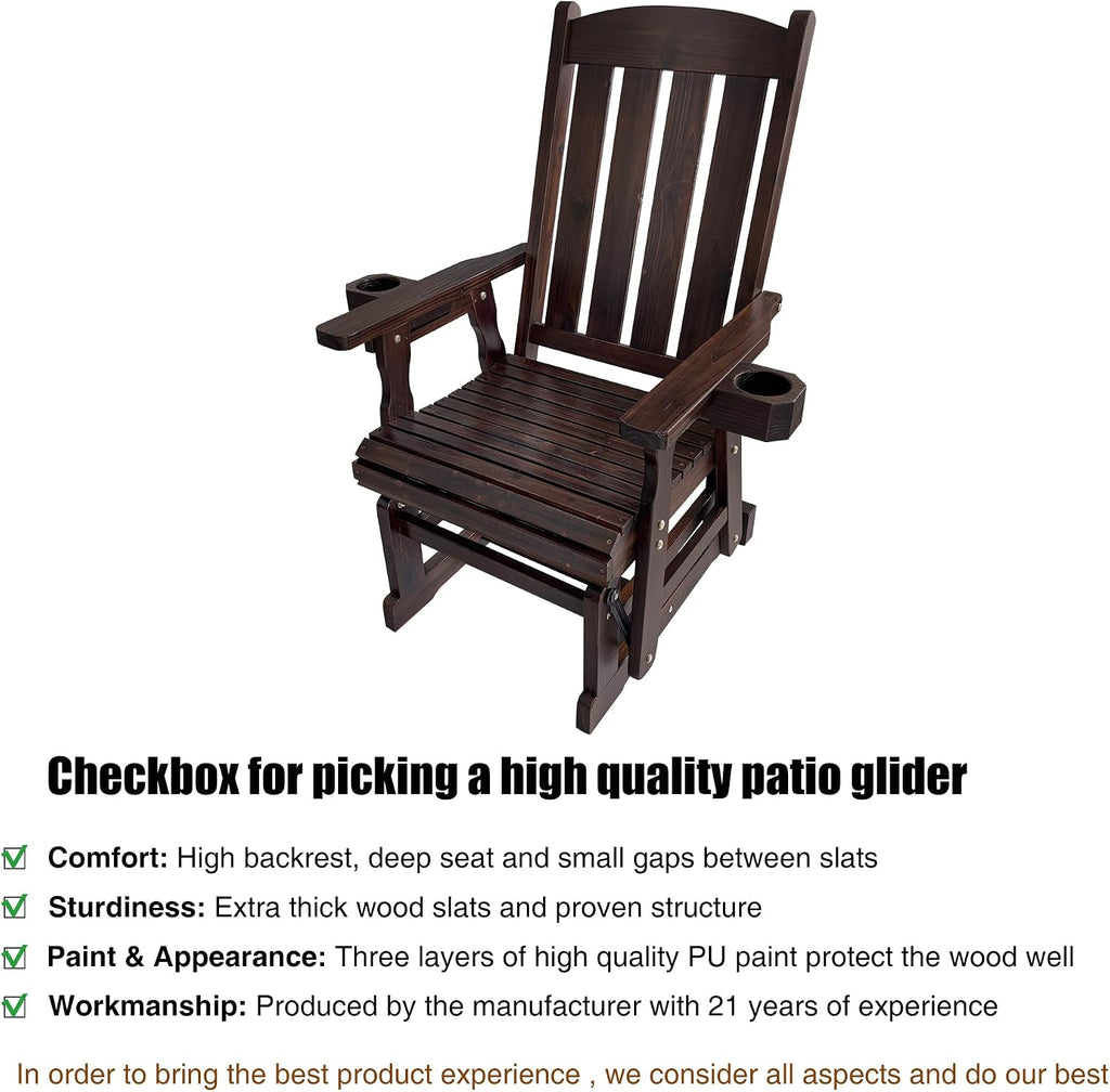 Fortune Candy Wooden Patio Glider for One Person, with High Back and Deep Contoured Seat, Solid Fir Wood, Heavy Duty 600 LBS (Deep Brown, 1-Seater)