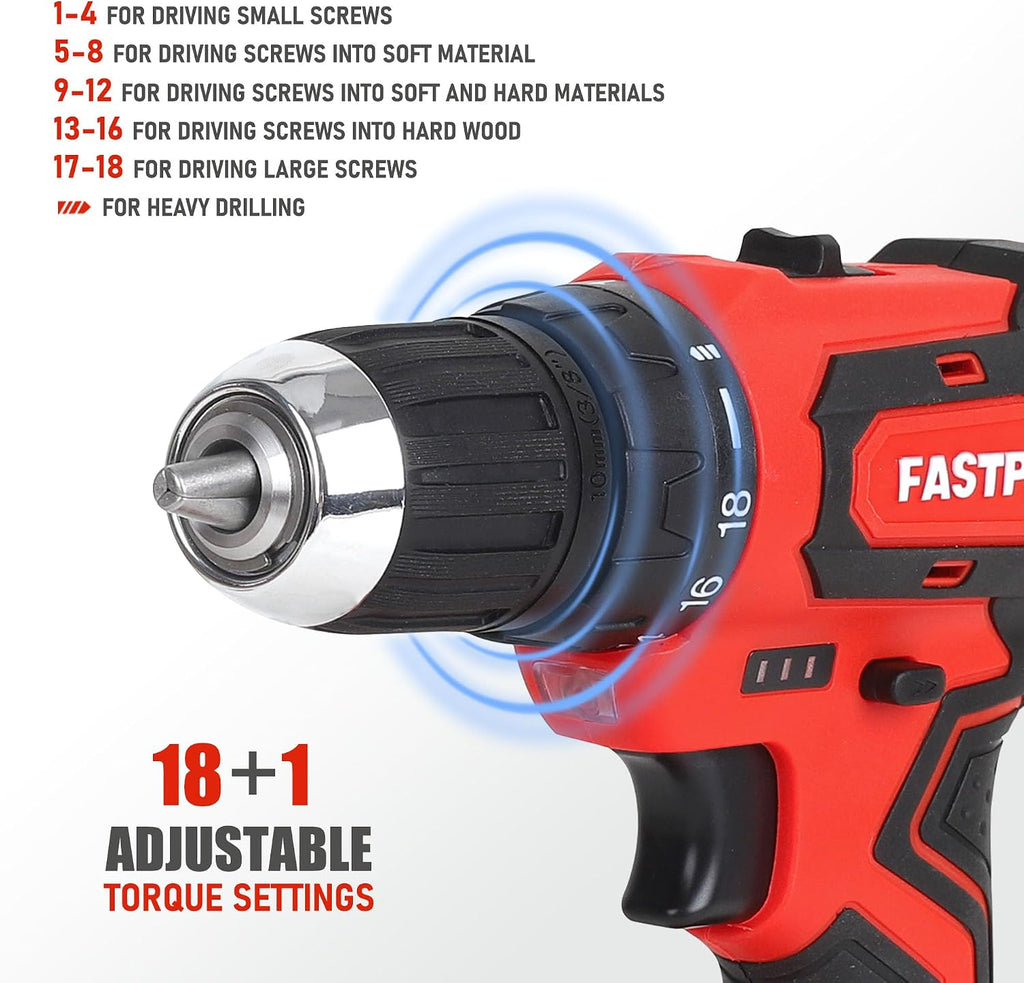 FASTPRO 232-Piece Home Tool Set with Drill, 20V Cordless Drill Driver, Household Repairing Tool Kit with Drill, 12-Inch Wide Mouth Storage Tool Bag Included, Red