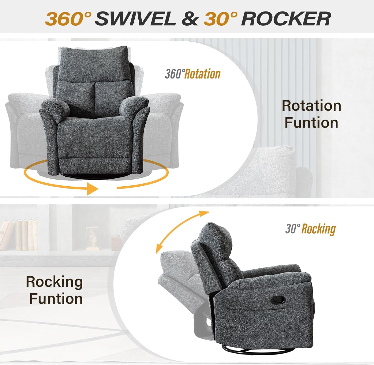 ANJ Swivel Rocker Recliner Chair Nursery Manual Glider Rocking Recliner Chairs for Adults, Fabric Rocking Chair Nursery, 360° Swivel Lazy Boy Recliner Chairs for Living Room, rv, Smoky Grey