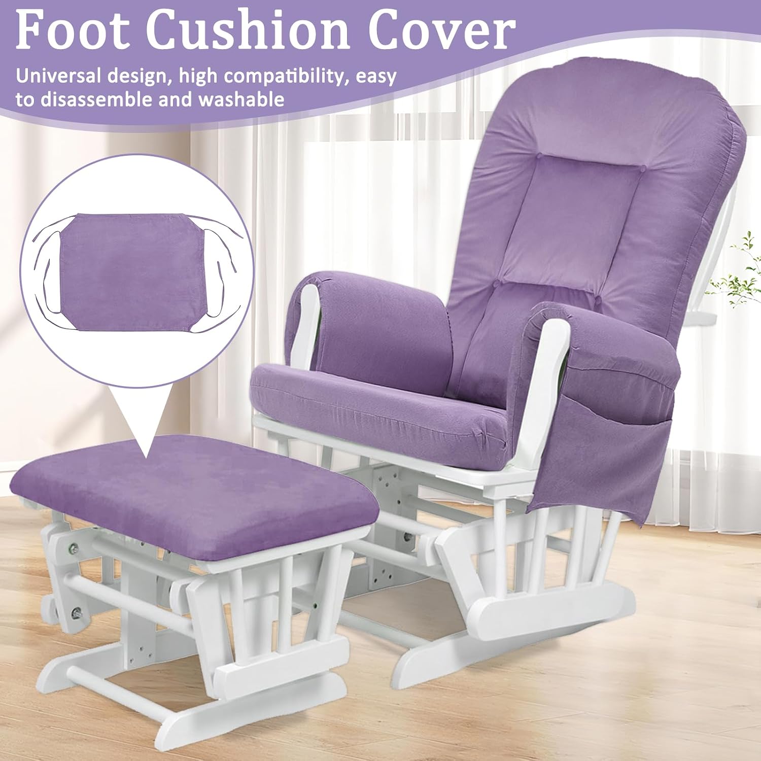BECHAEO 5PCS Velvet Glider Rocker Replacement Cushions with Ottoman Cover Soft Thicken Rocking Chair Cushion Set for Indoor Nursery Glider Rocking Chair, Lavender