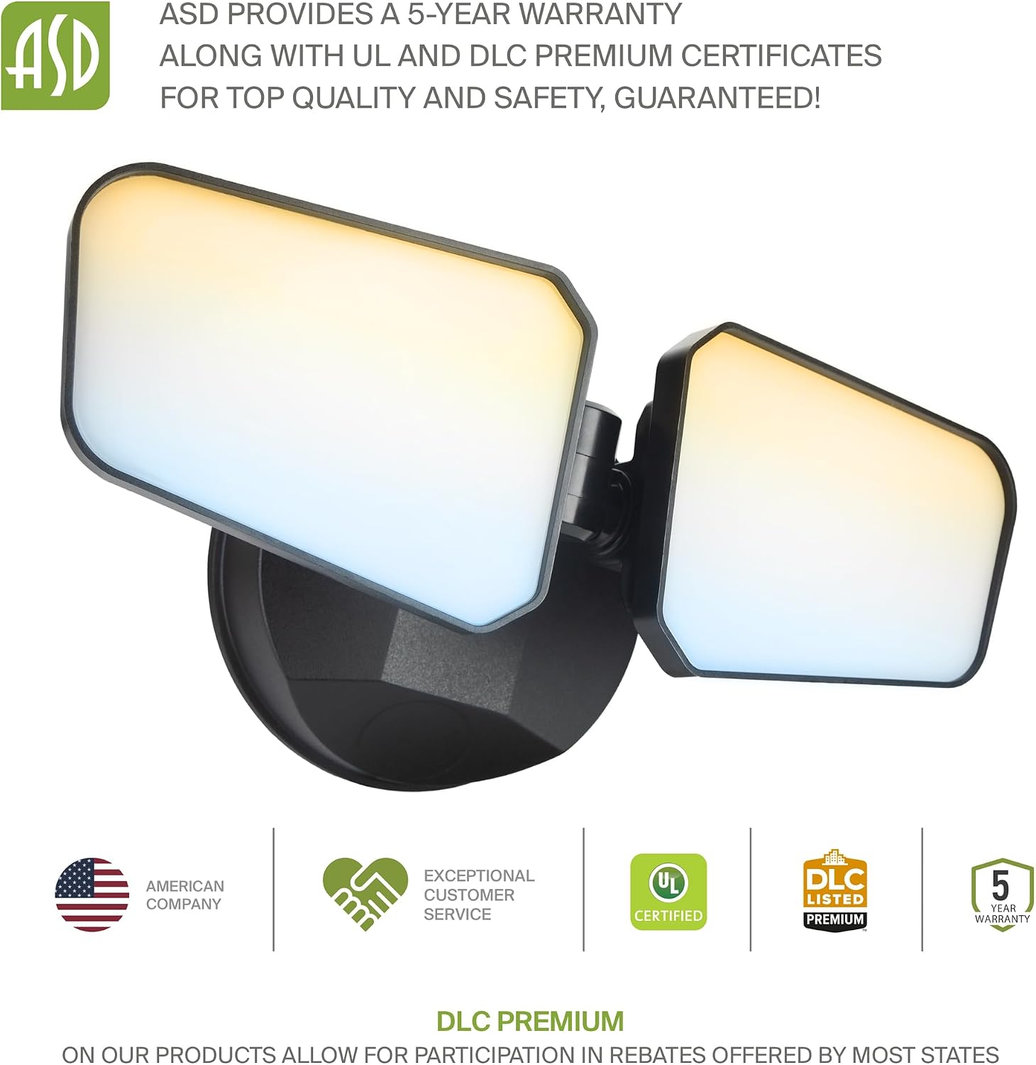 ASD LED Security Flood Lights Outdoor, 20W 5CCT 2700K-5000K, Rotatable Heads, Wired Flood Light, 150° Side-to-Side, 180° Up and Down, IP65 Wet Locations, UL DLC, 145000 hr Lifespan, Black, 8 Pack