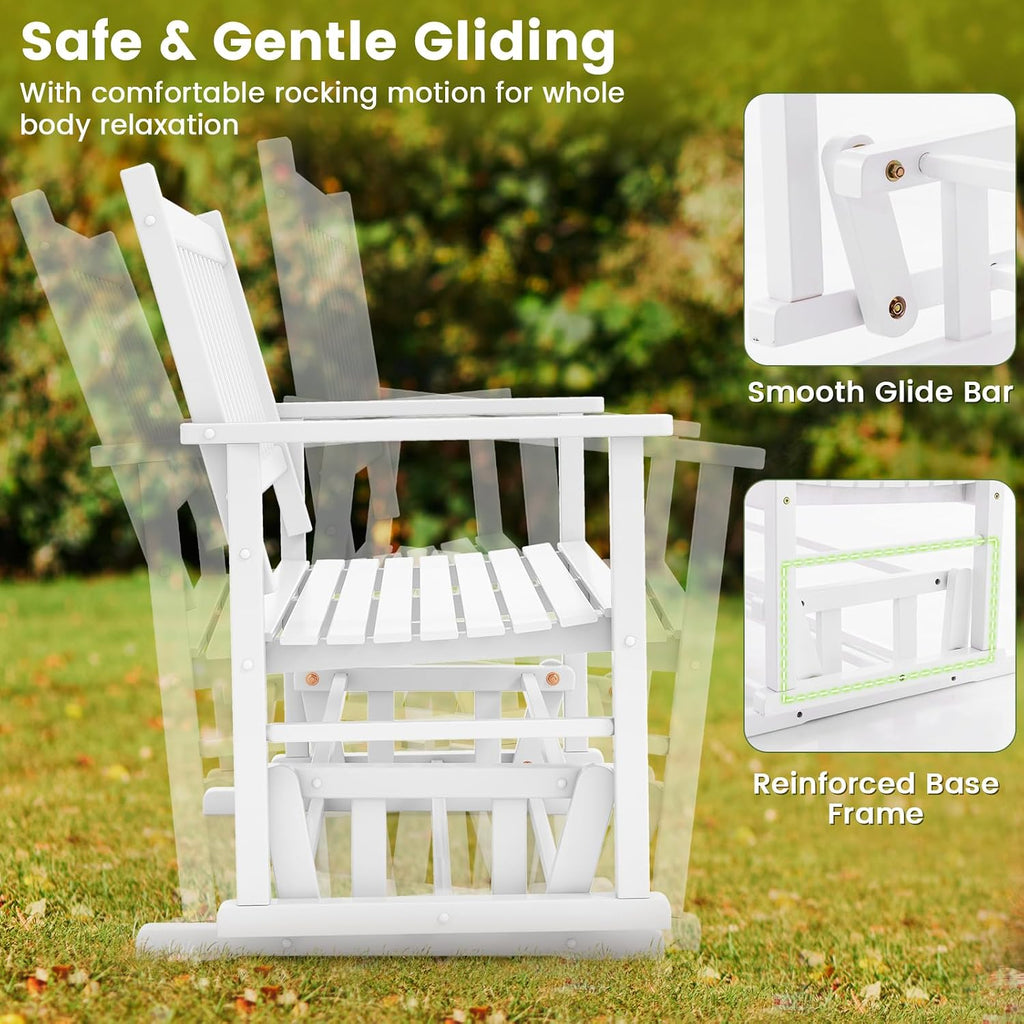 Giantex Outdoor Glider Bench Chair - 2 Person Loveseat, Porch Rocking Glider with Safe & Gentle Gliding, Solid Wood Frame, Slatted Seat, Curved Backrest, 500 Lbs Weight Capacity, Patio Glider (White)