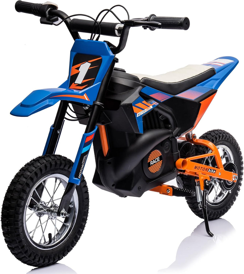 24V Electric Dirt Bike for Kids, 250W Strong Motor 13.6MPH Fast Speed Electric Off-Road Motorcycle, Mini Dirt Bike with Rear Wheel Suspension, Chain-Driven, Leather Seat, Disc Brake, Blue
