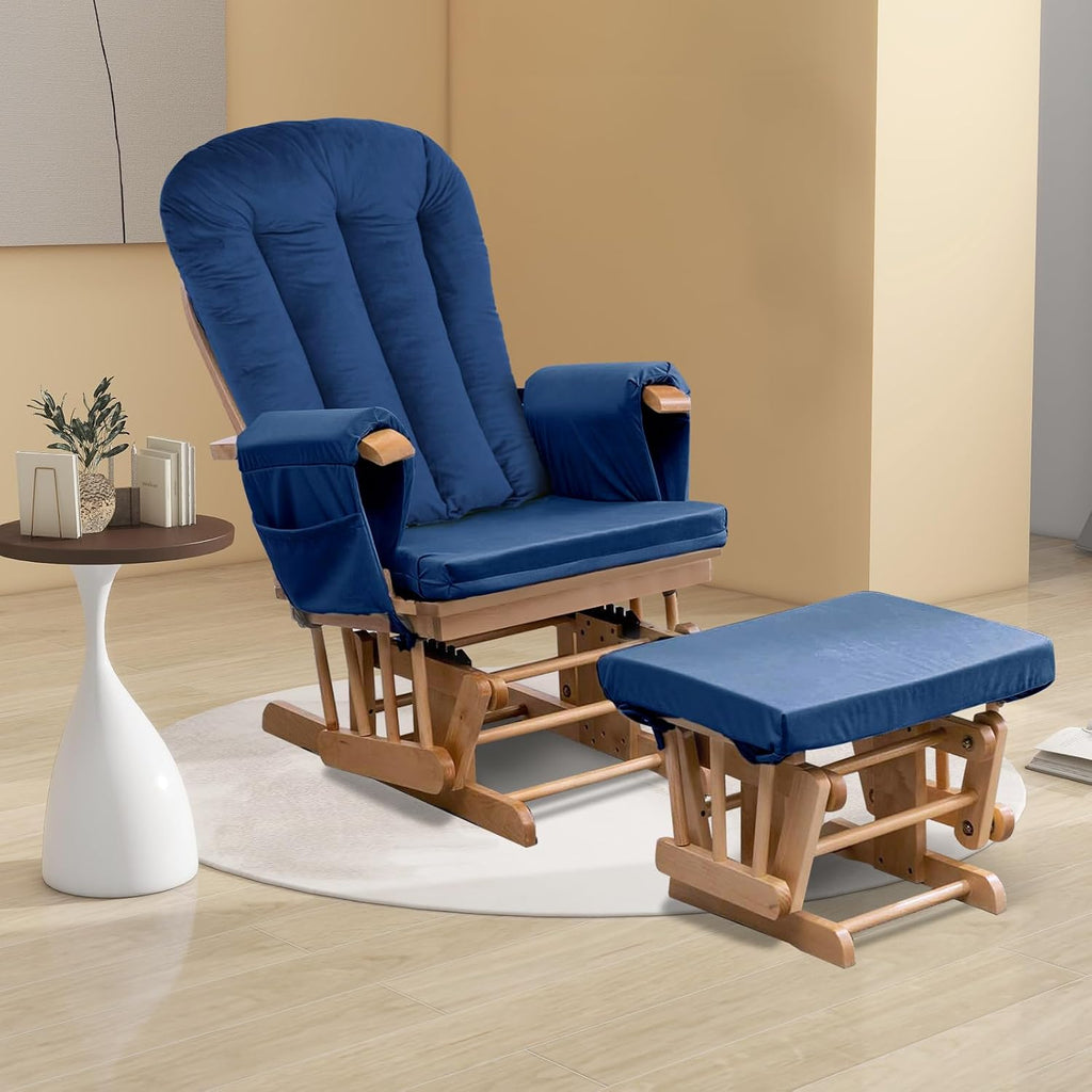 Lucky Monet 5PCS Velvet Glider Rocker Replacement Cushions, Thickened & Supportive Rocking Chair Cushion Set with 29.5 Inch High Backrest & Storage Pockets, for Indoor Nursery Glider & Ottoman, Blue