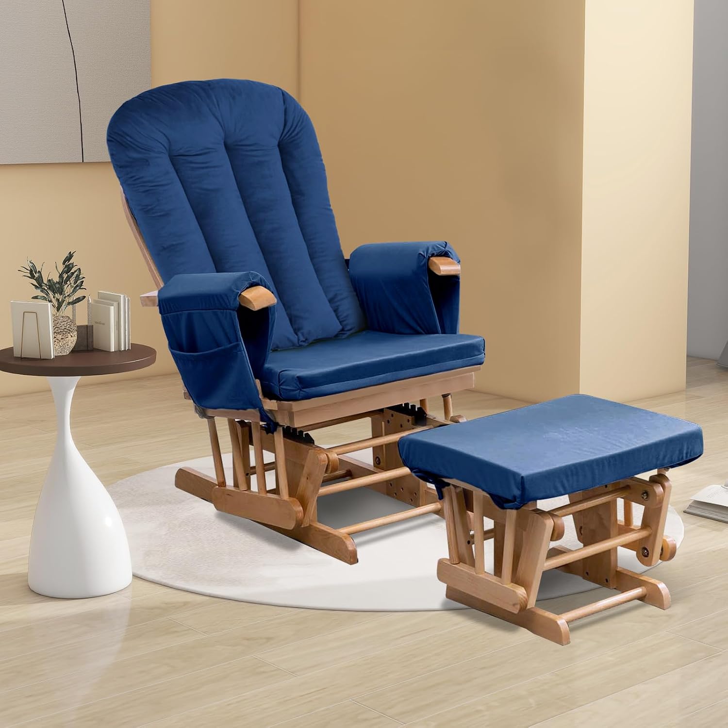 Lucky Monet 5PCS Velvet Glider Rocker Replacement Cushions, Thickened & Supportive Rocking Chair Cushion Set with 29.5 Inch High Backrest & Storage Pockets, for Indoor Nursery Glider & Ottoman, Blue