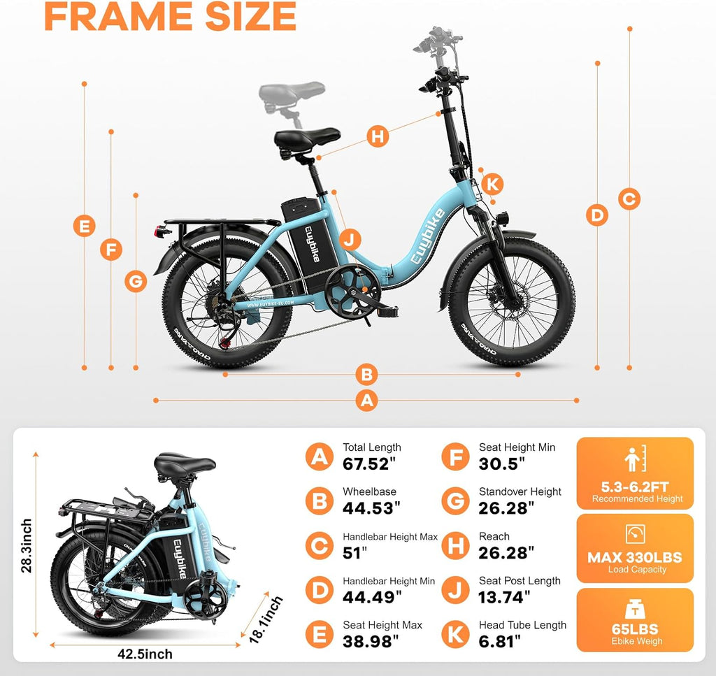 EUYBIKE Folding Electric Bike for Adults with Peak 1000W Motor, 48V 20AH Battery up to 80 Miles, 20' Fat Tire All Terrain Ebike, Front Suspension 7-Speed Commuter E Bike, Step-Thru, UL Certified