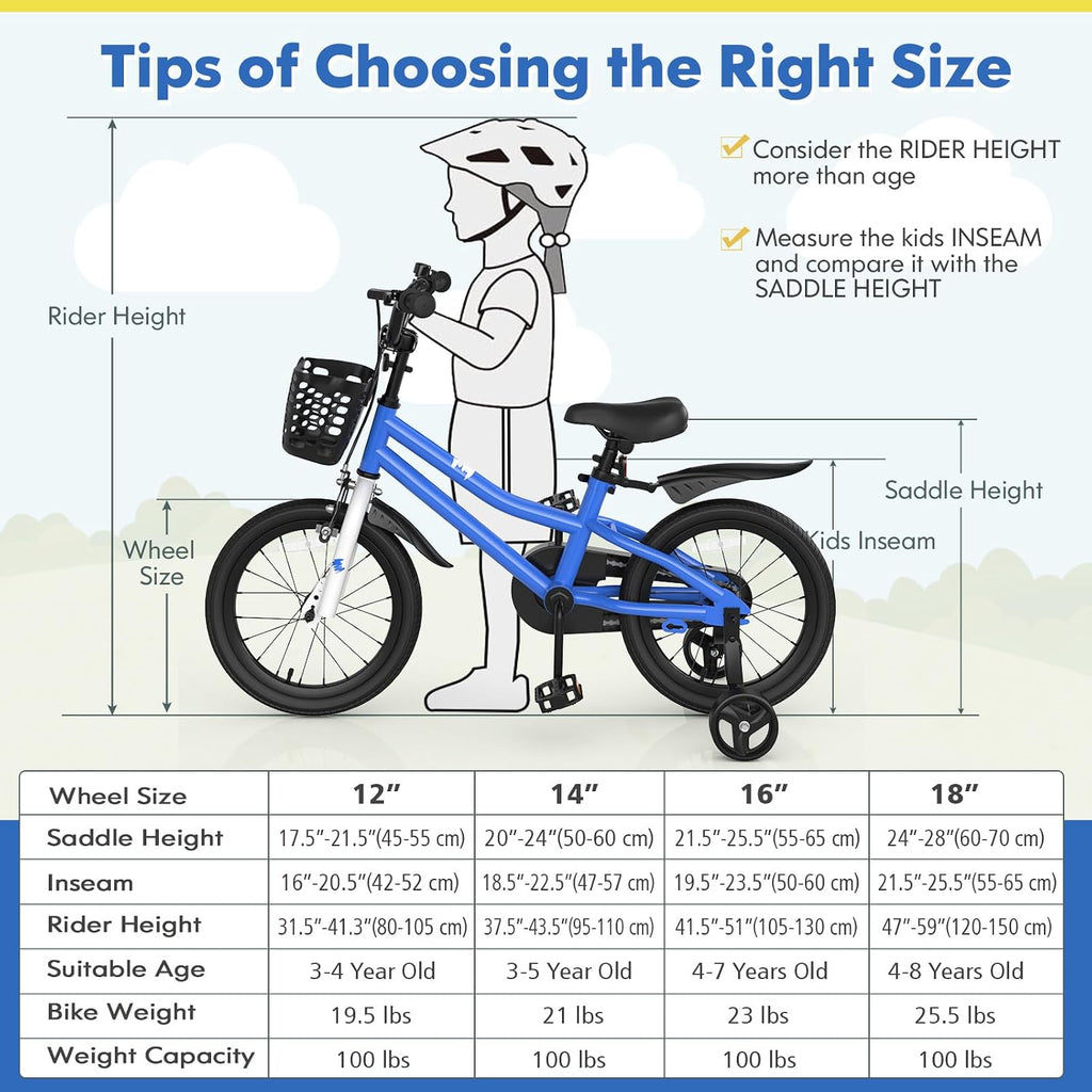 COSTWAY Kids Bike, 12 14 16 18 20 Inch Toddler Bike for Boys & Girls Aged 3-8 Years Old, Kids Bicycle w/Removable Training Wheels, Handbrake & Coaster Brake, Basket, Bell