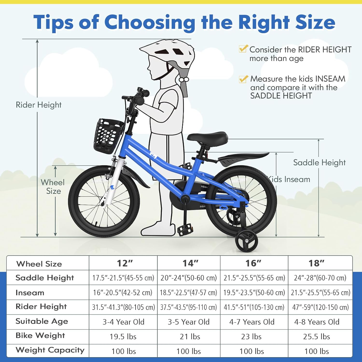 COSTWAY Kids Bike, 12 14 16 18 20 Inch Toddler Bike for Boys & Girls Aged 3-8 Years Old, Kids Bicycle w/Removable Training Wheels, Handbrake & Coaster Brake, Basket, Bell