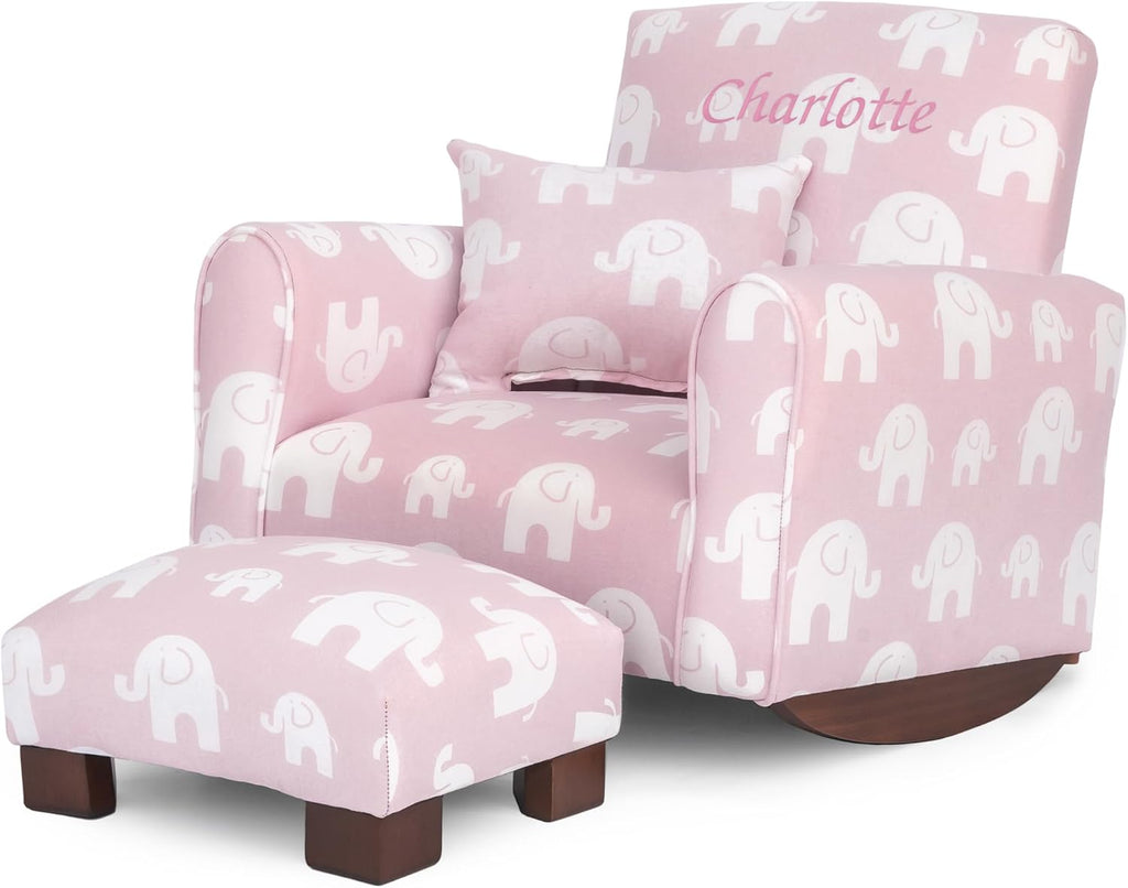 Toddler Personalized Armchair, Kids Upholstered Rocking Chair with Personalization, Toddler Chair with Personalized Name, Comfy Child Armchair, (Pink Elephants Print, Rockers)