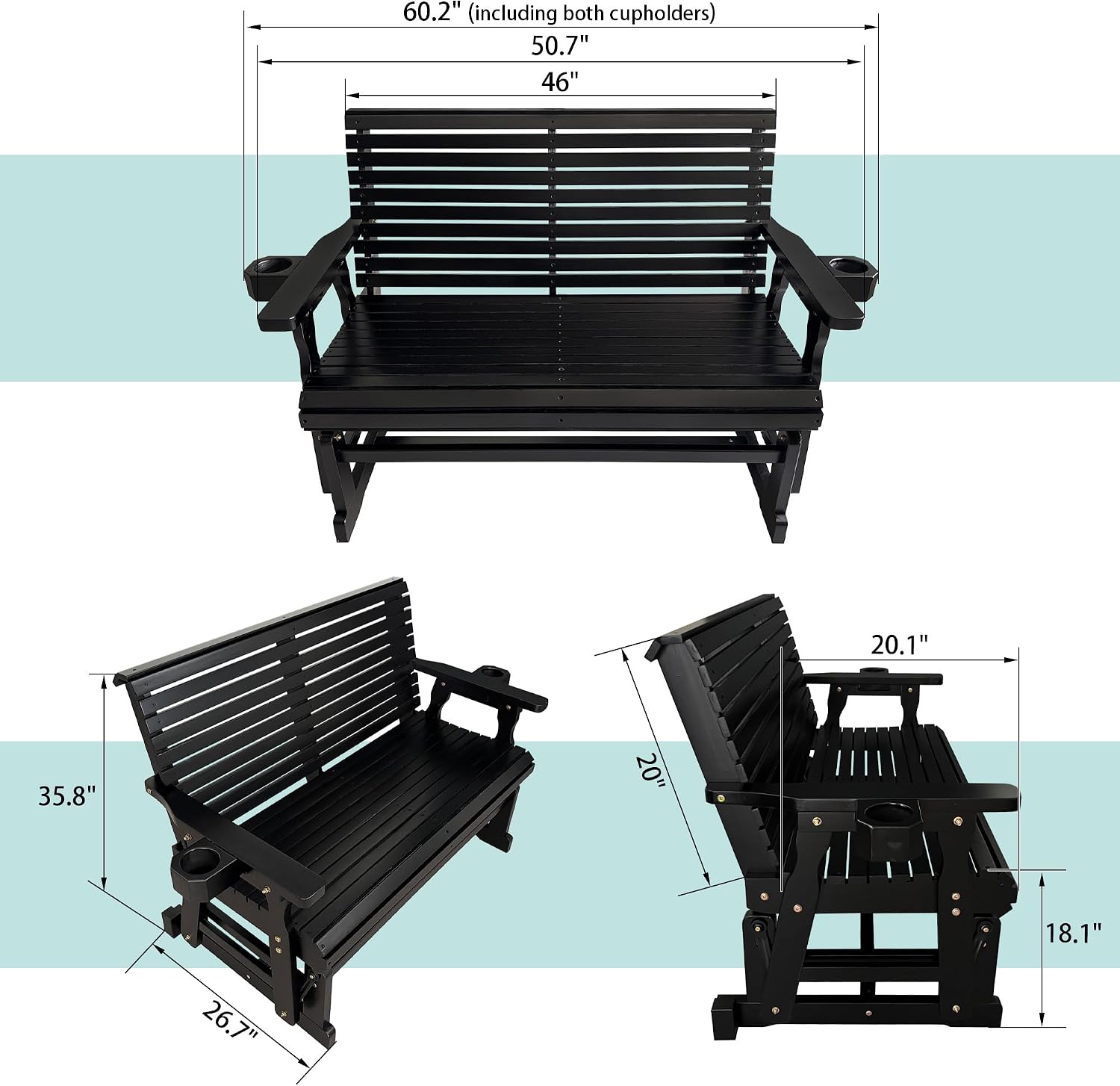 Fortune Candy Patio Glider with Cup Holders, High Roll Back and Deep Contoured Seat, Heavy Duty 800 Lb (Black, 2-Seater)