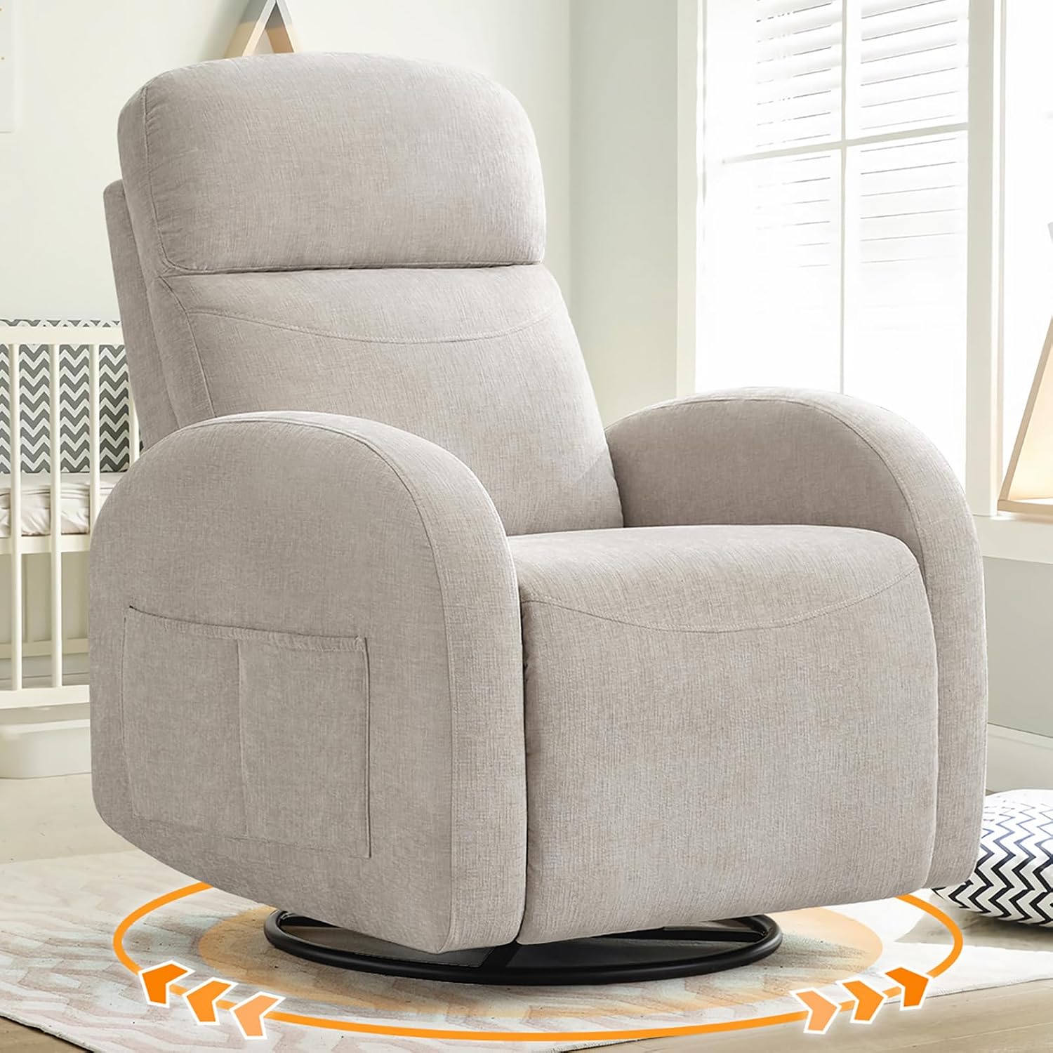Manual Swivel Rocker Recliner, Nursery Rocking Chair with Lumbar Support, Chenille Nursering Glider Recliners with Double Pockets for Living Room, Camel