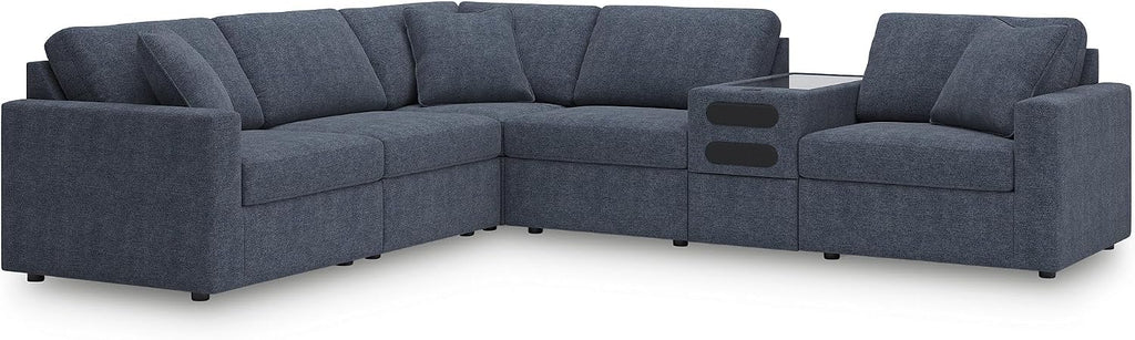 Signature Design by Ashley Modmax Contemporary Stain Resistant Left-Arm Facing 6-Piece Sectional with Audio Console, Armrest, Throw Pillows and Reversible Cushions, Blue