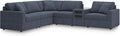 Signature Design by Ashley Modmax Contemporary Stain Resistant Left-Arm Facing 6-Piece Sectional with Audio Console, Armrest, Throw Pillows and Reversible Cushions, Blue