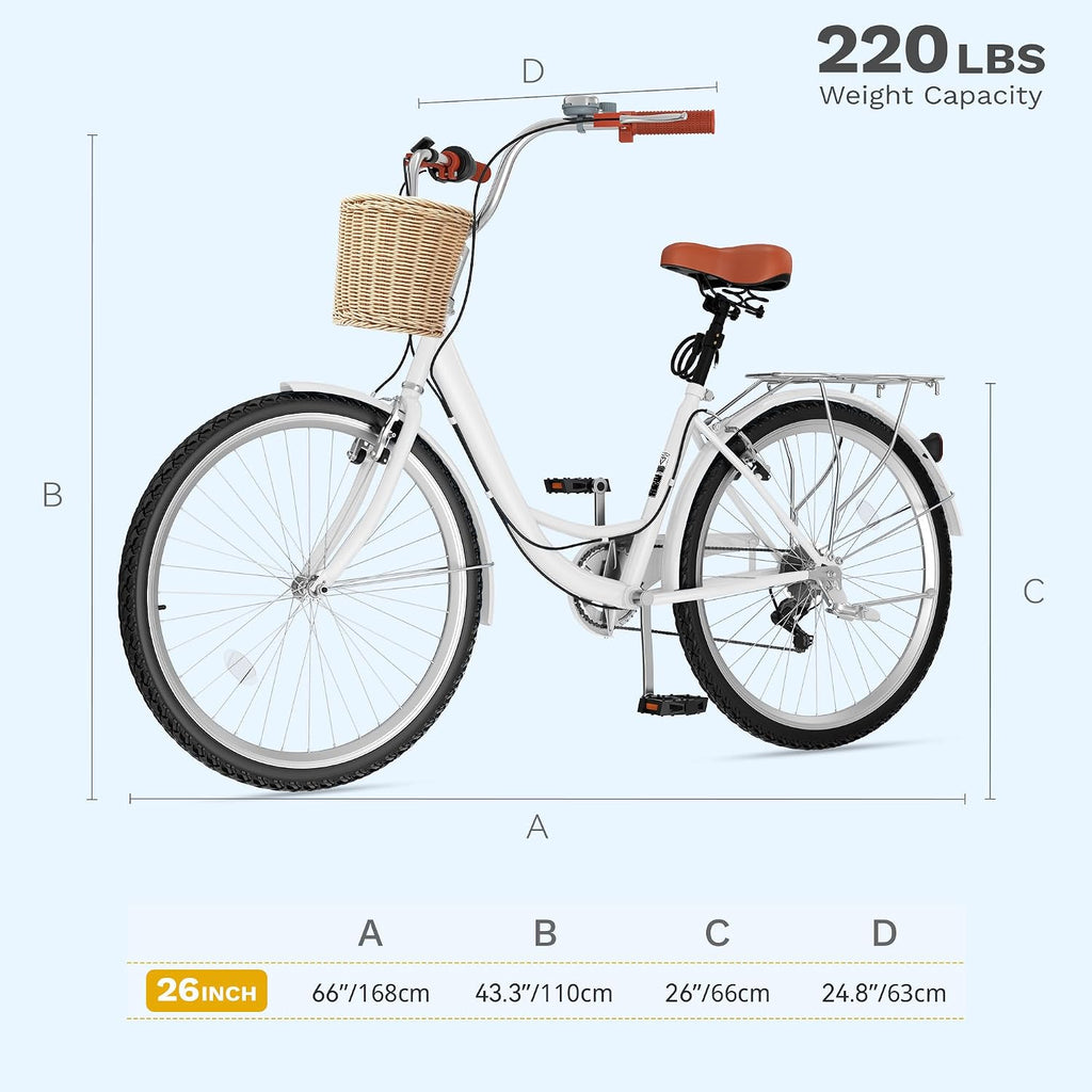 DWVO Beach Cruiser Bike for Women, 24 & 26 Inch Womens Bike with Adjustable Seat, 1&7-Speed Comfort Bicycle for Adults City Commuter with Built-in Lock & Wicker Basket, Multiple Color