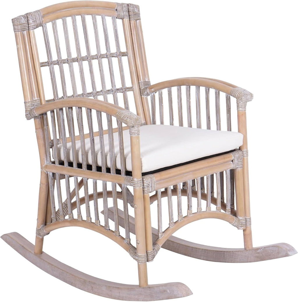 JONATHAN Y RCK200B Swayze Bohemian Farmhouse Woven Rattan/Wood Rocking Chair White Cushion with Gray/White Wash Frame for Home, Living Room, Bedroom, Guestroom, Foyer, Library